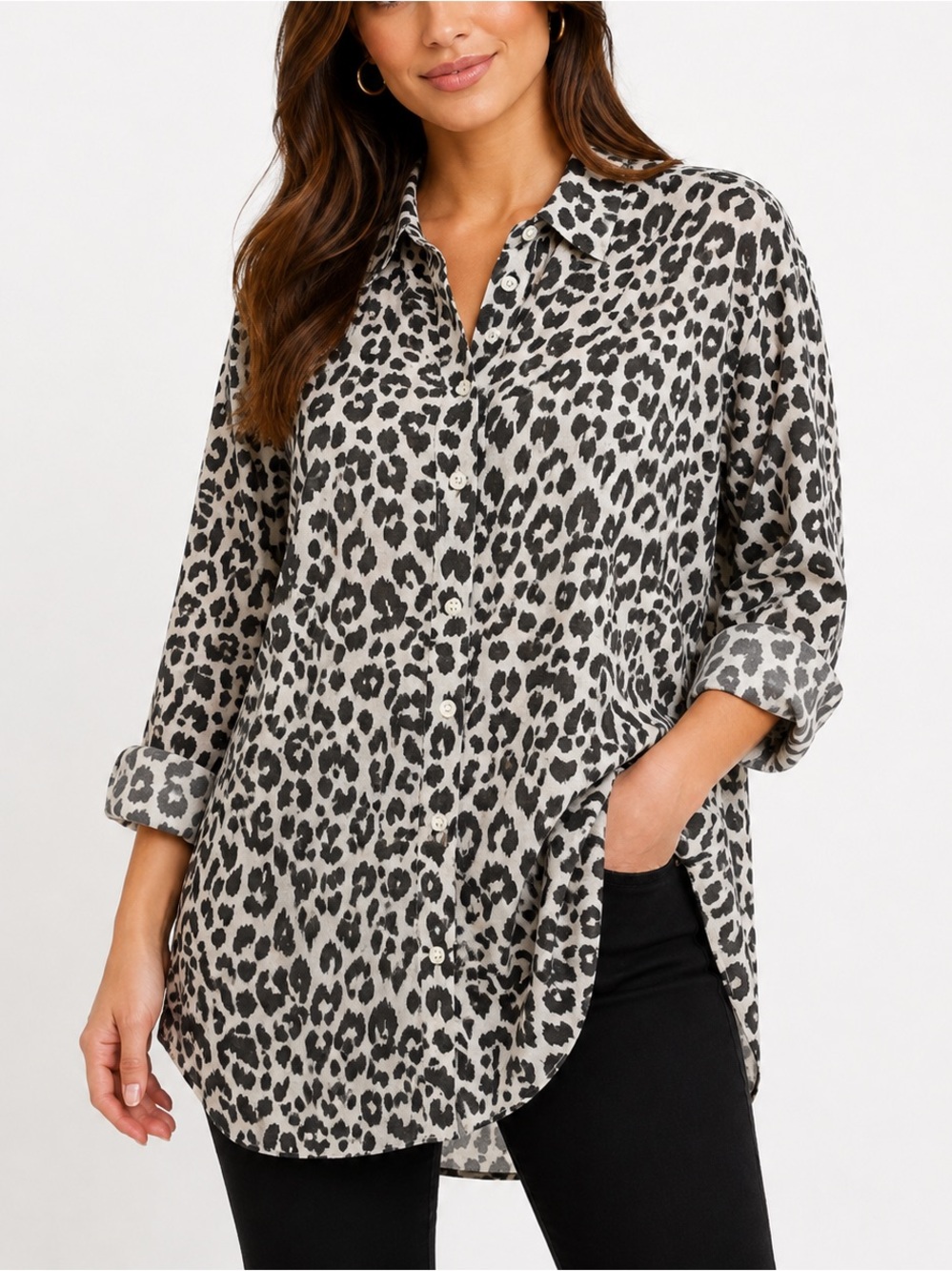 J.Crew Leopard Print Cotton Button Down Tunic Shirt Size Large